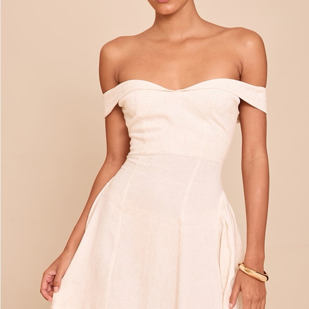 PLT NTW NATURAL BARDOT SHIFT DRESS Elegant Cream Off-Shoulder Dress